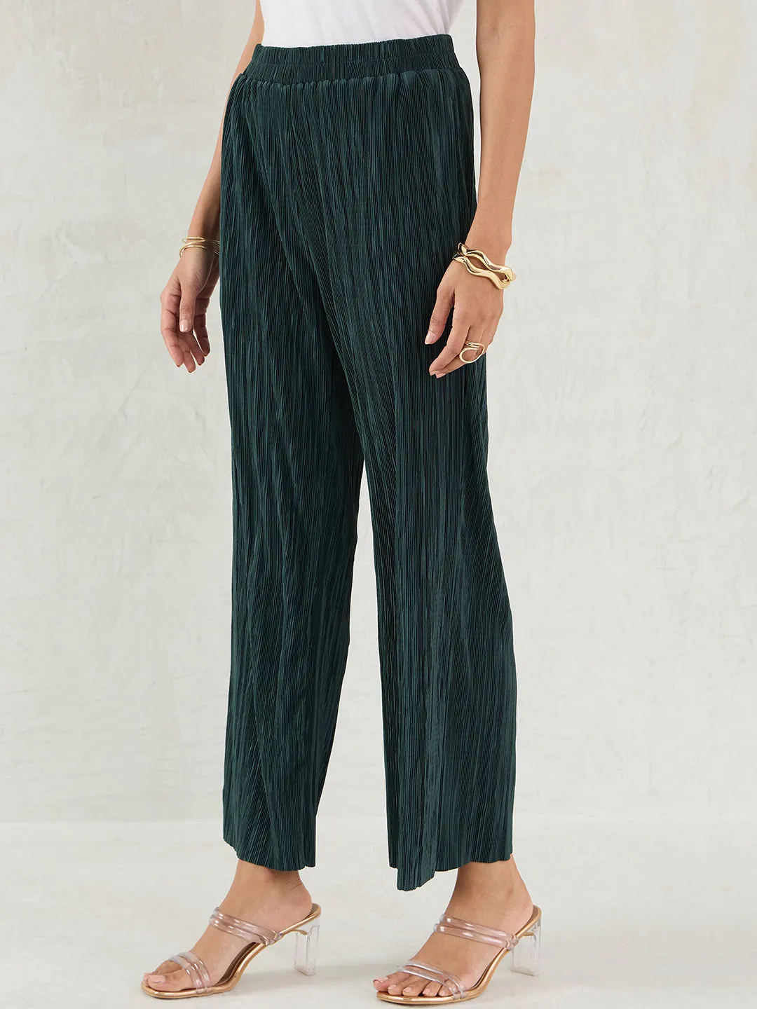 Green Plisse Straight Pant