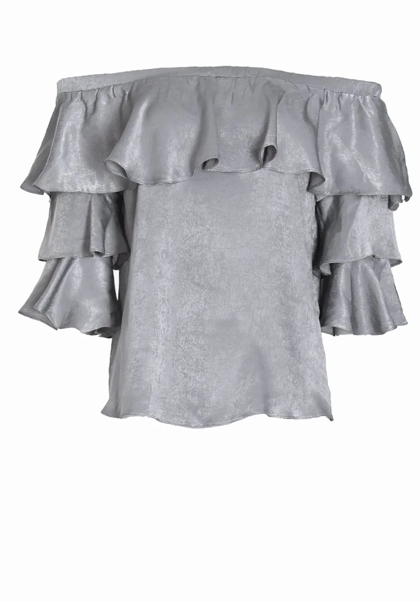 Grey Off The Shoulder Frill Top