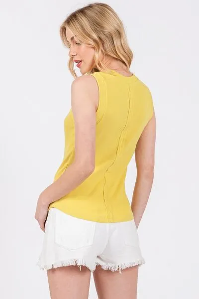 Hazel Blues® |  Ces Femme Stitch Detail Half Button Ribbed Tank