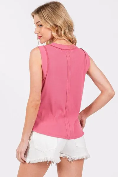Hazel Blues® |  Ces Femme Stitch Detail Half Button Ribbed Tank