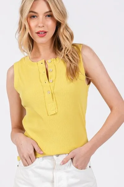 Hazel Blues® |  Ces Femme Stitch Detail Half Button Ribbed Tank
