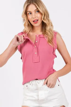Hazel Blues® |  Ces Femme Stitch Detail Half Button Ribbed Tank
