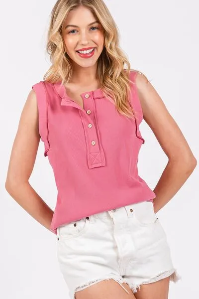 Hazel Blues® |  Ces Femme Stitch Detail Half Button Ribbed Tank