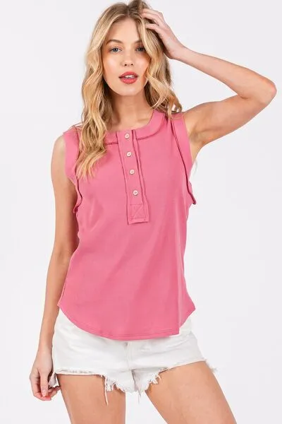 Hazel Blues® |  Ces Femme Stitch Detail Half Button Ribbed Tank
