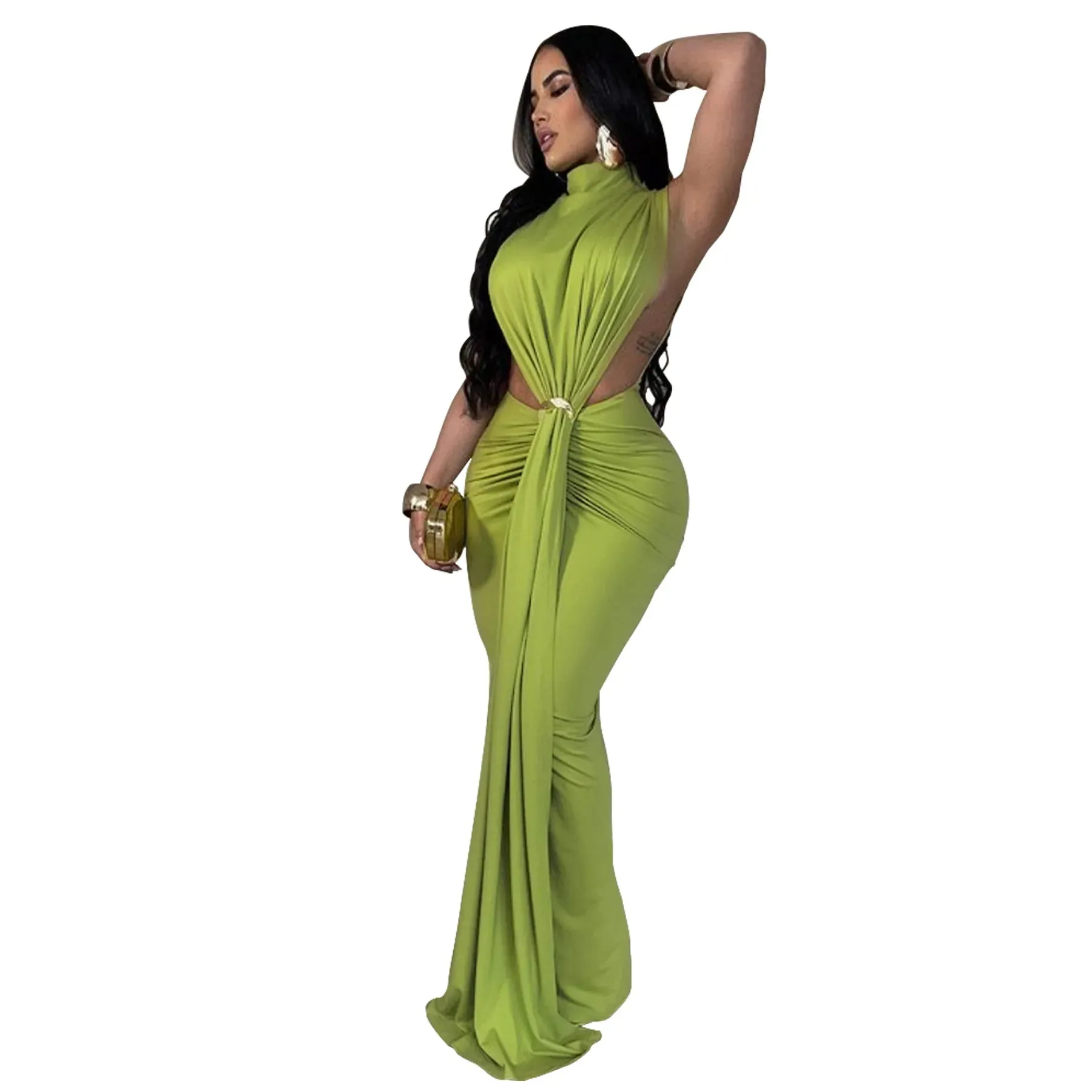 High Split Ruched Stacked Bodycon Midi Maxi  Dress