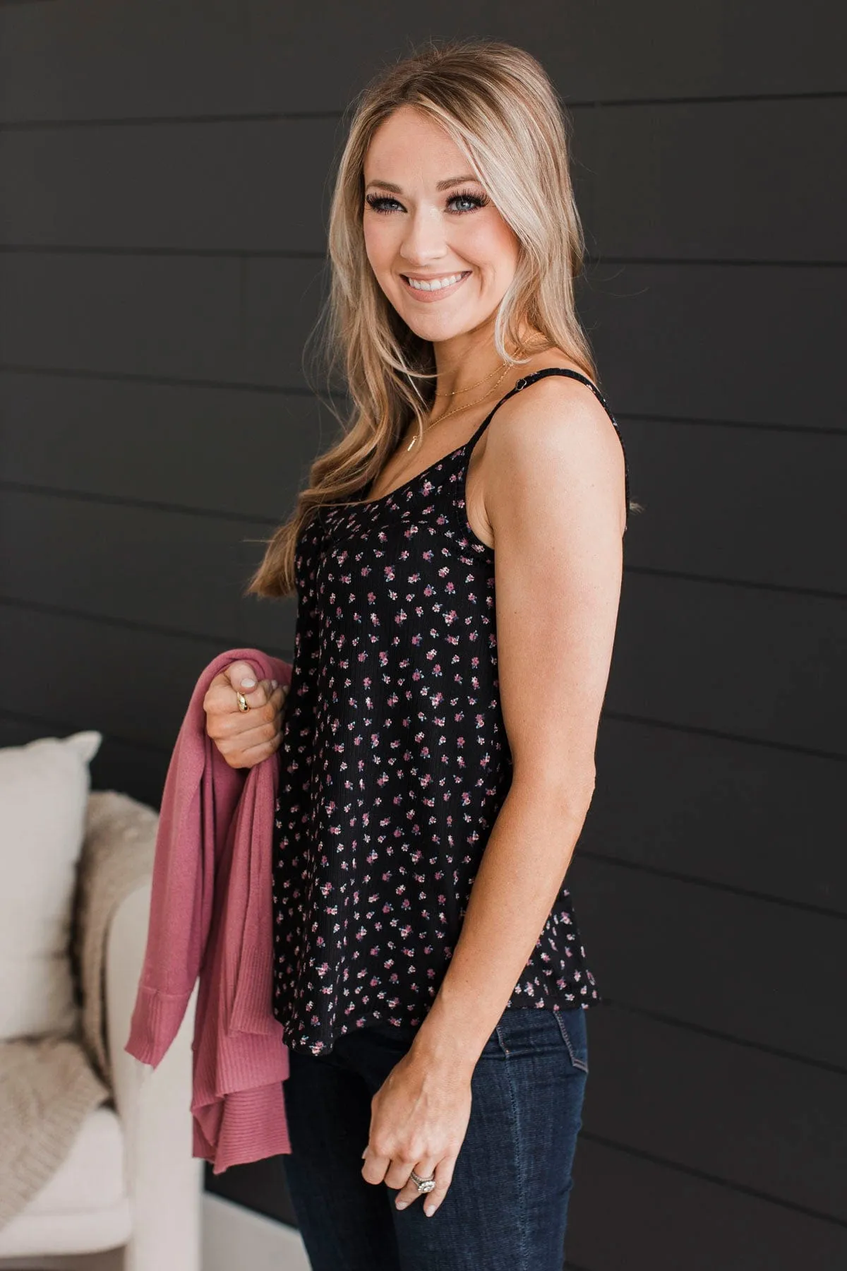 Hopelessly Yours Floral Tank Top- Black & Mauve
