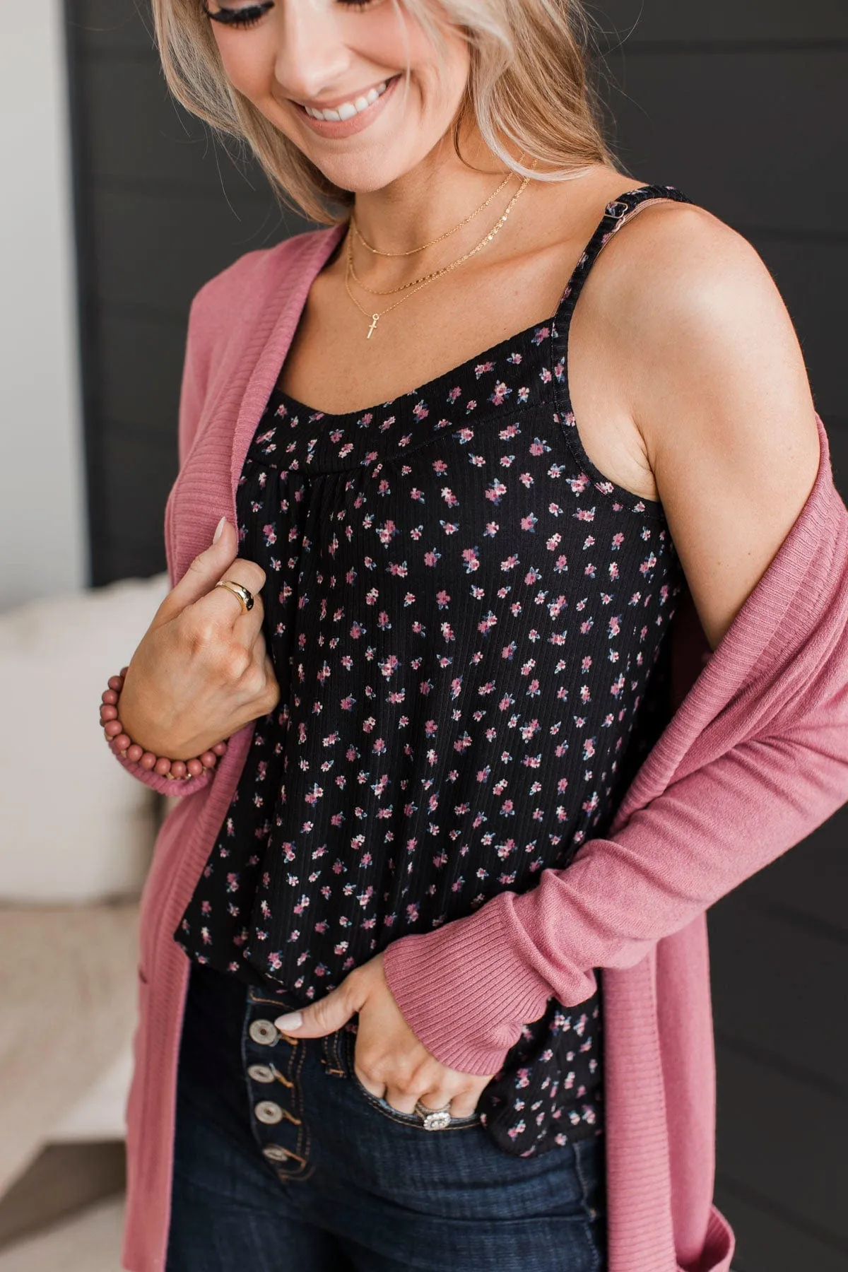 Hopelessly Yours Floral Tank Top- Black & Mauve