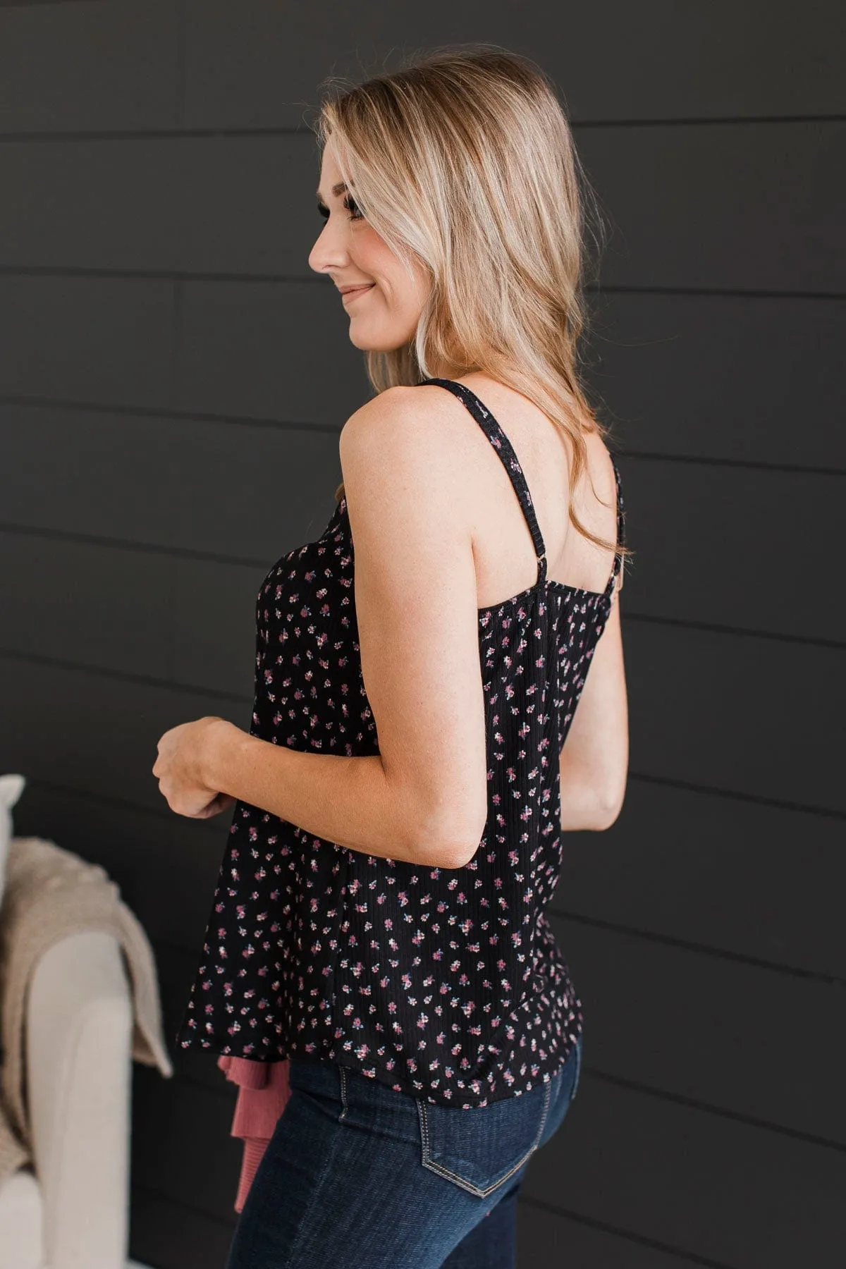 Hopelessly Yours Floral Tank Top- Black & Mauve