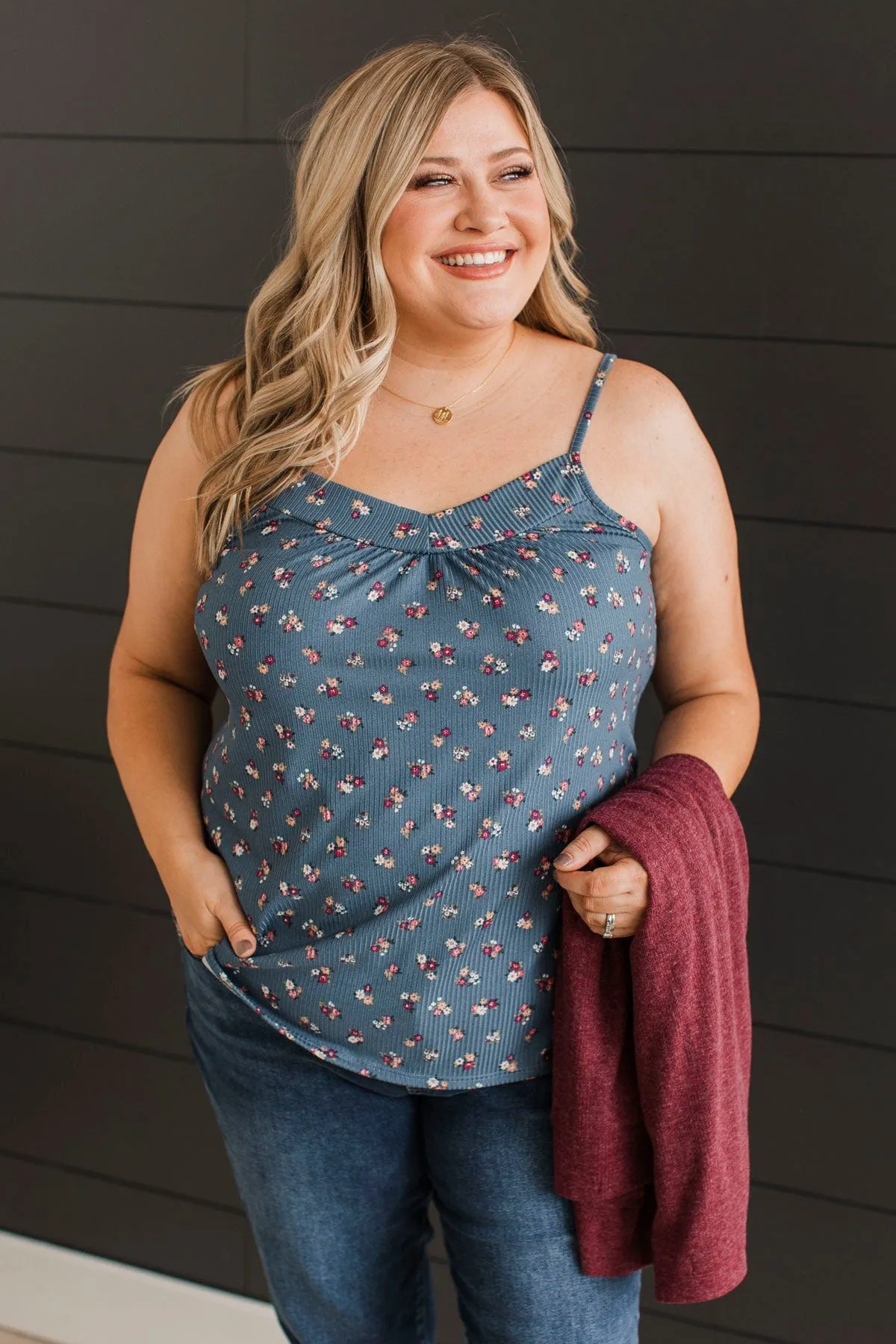 Hopelessly Yours Floral Tank Top- Denim Blue