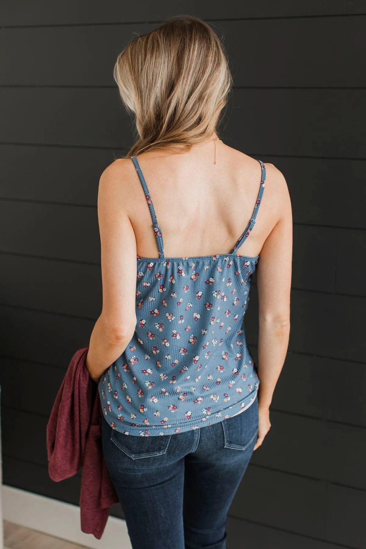 Hopelessly Yours Floral Tank Top- Denim Blue