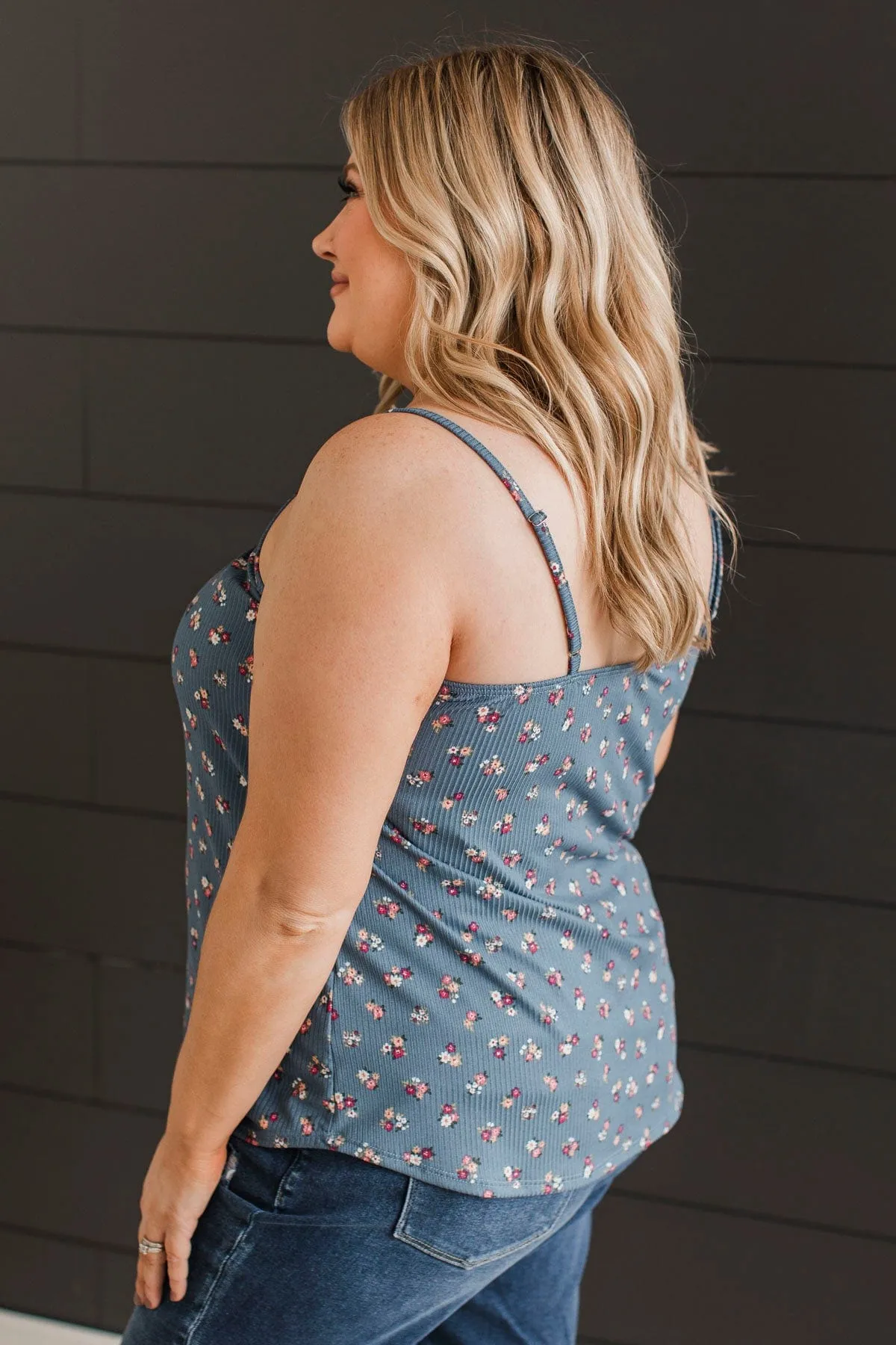 Hopelessly Yours Floral Tank Top- Denim Blue
