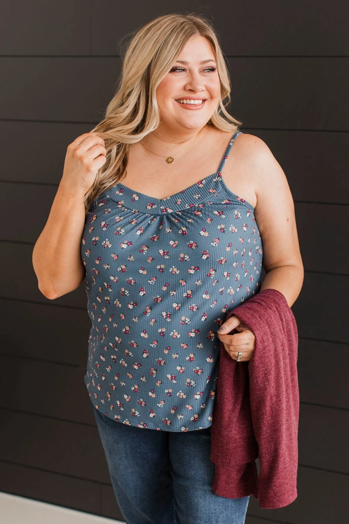 Hopelessly Yours Floral Tank Top- Denim Blue