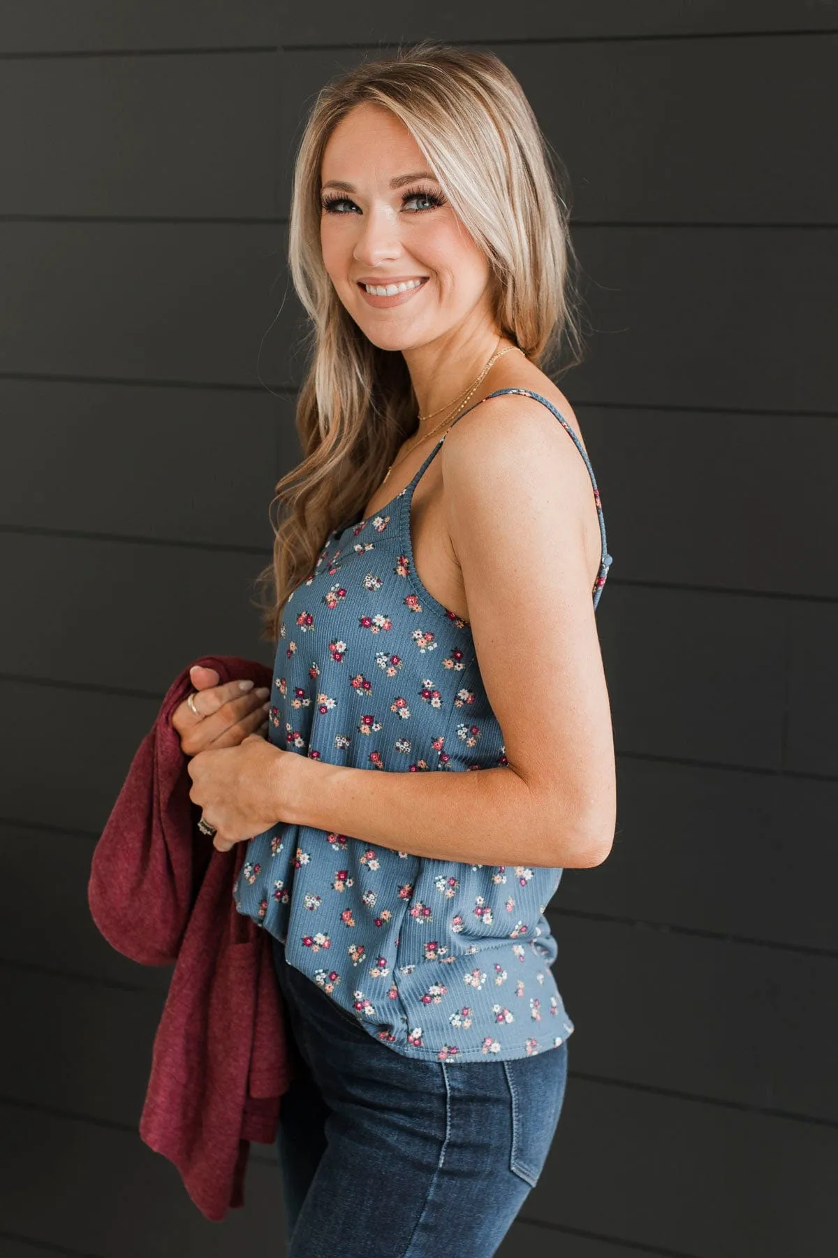 Hopelessly Yours Floral Tank Top- Denim Blue