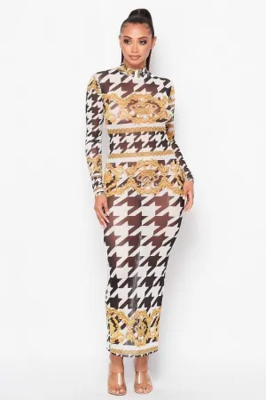 Houndstooth Bodycon long Sleeve Maxi Dress