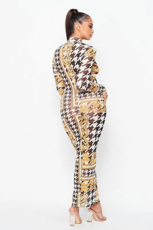 Houndstooth Bodycon long Sleeve Maxi Dress