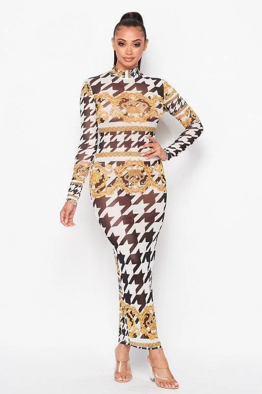 Houndstooth Bodycon long Sleeve Maxi Dress