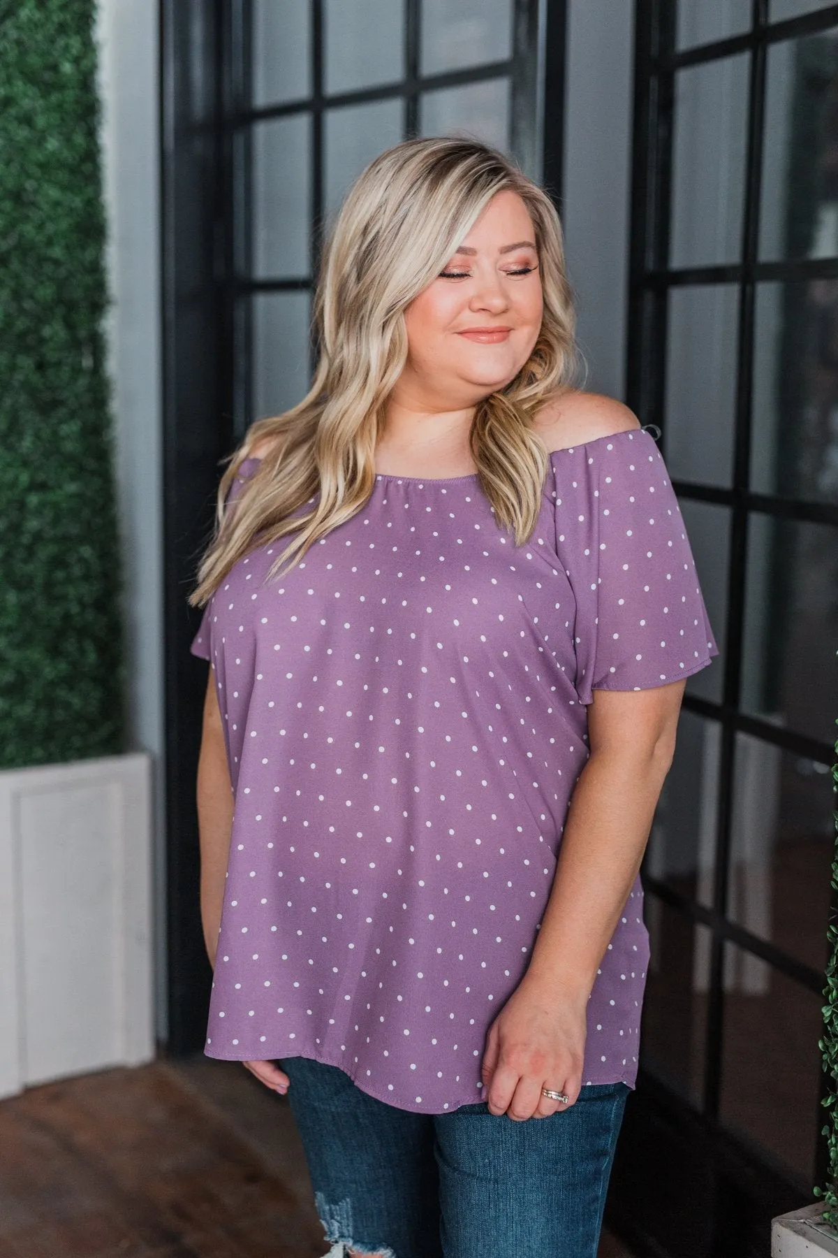 In The Spot Light Polka Dot Top- Dusty Purple