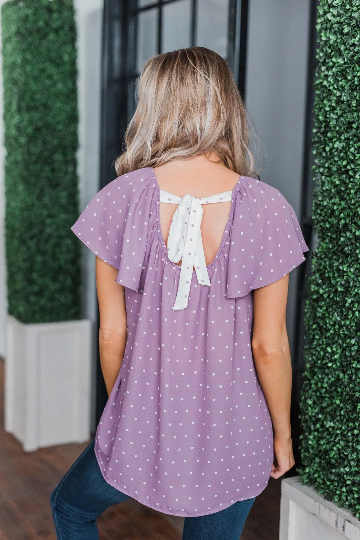 In The Spot Light Polka Dot Top- Dusty Purple