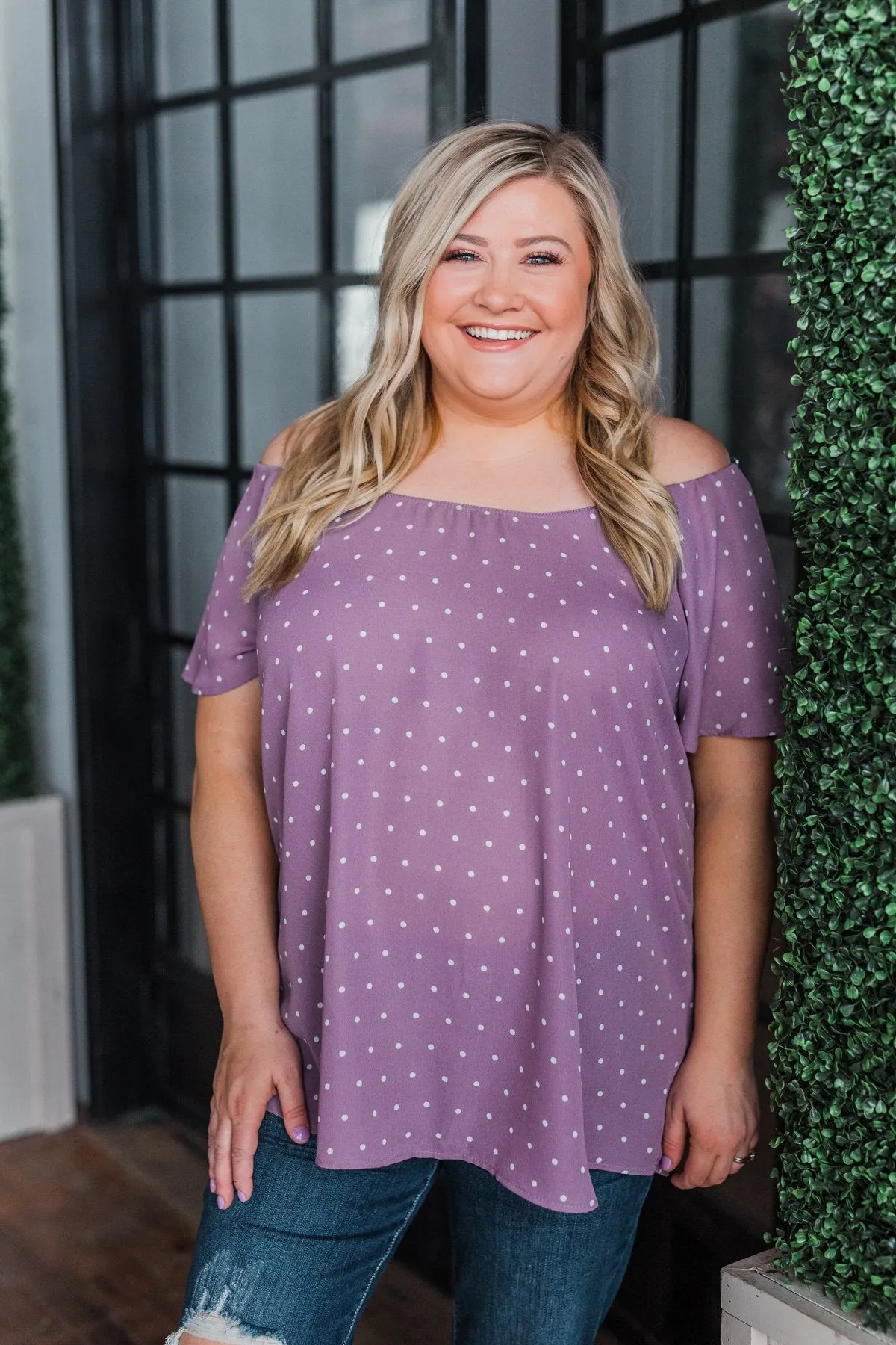 In The Spot Light Polka Dot Top- Dusty Purple