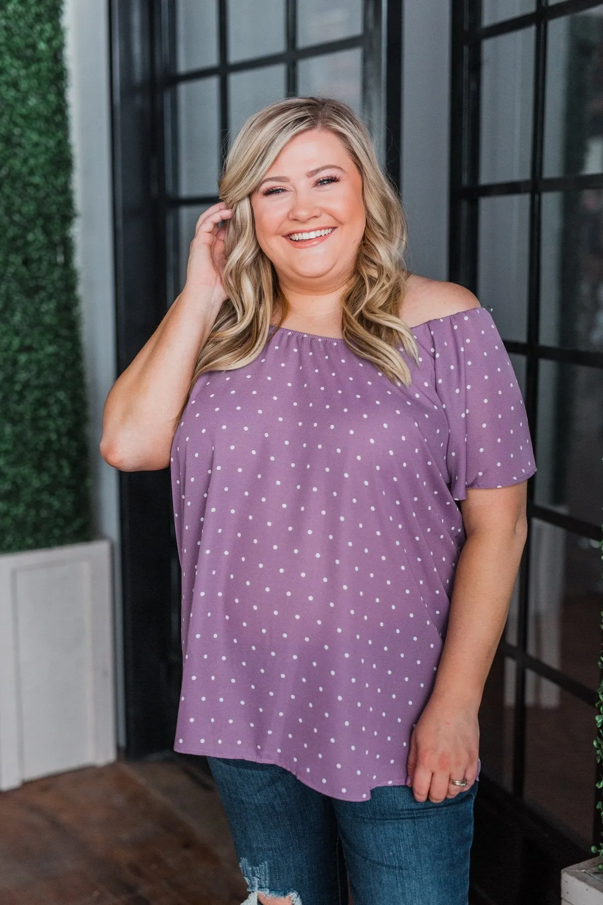 In The Spot Light Polka Dot Top- Dusty Purple