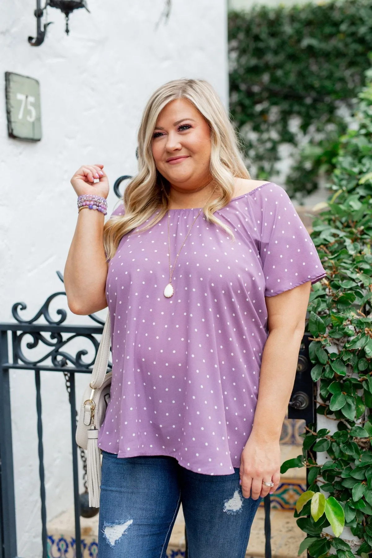 In The Spot Light Polka Dot Top- Dusty Purple