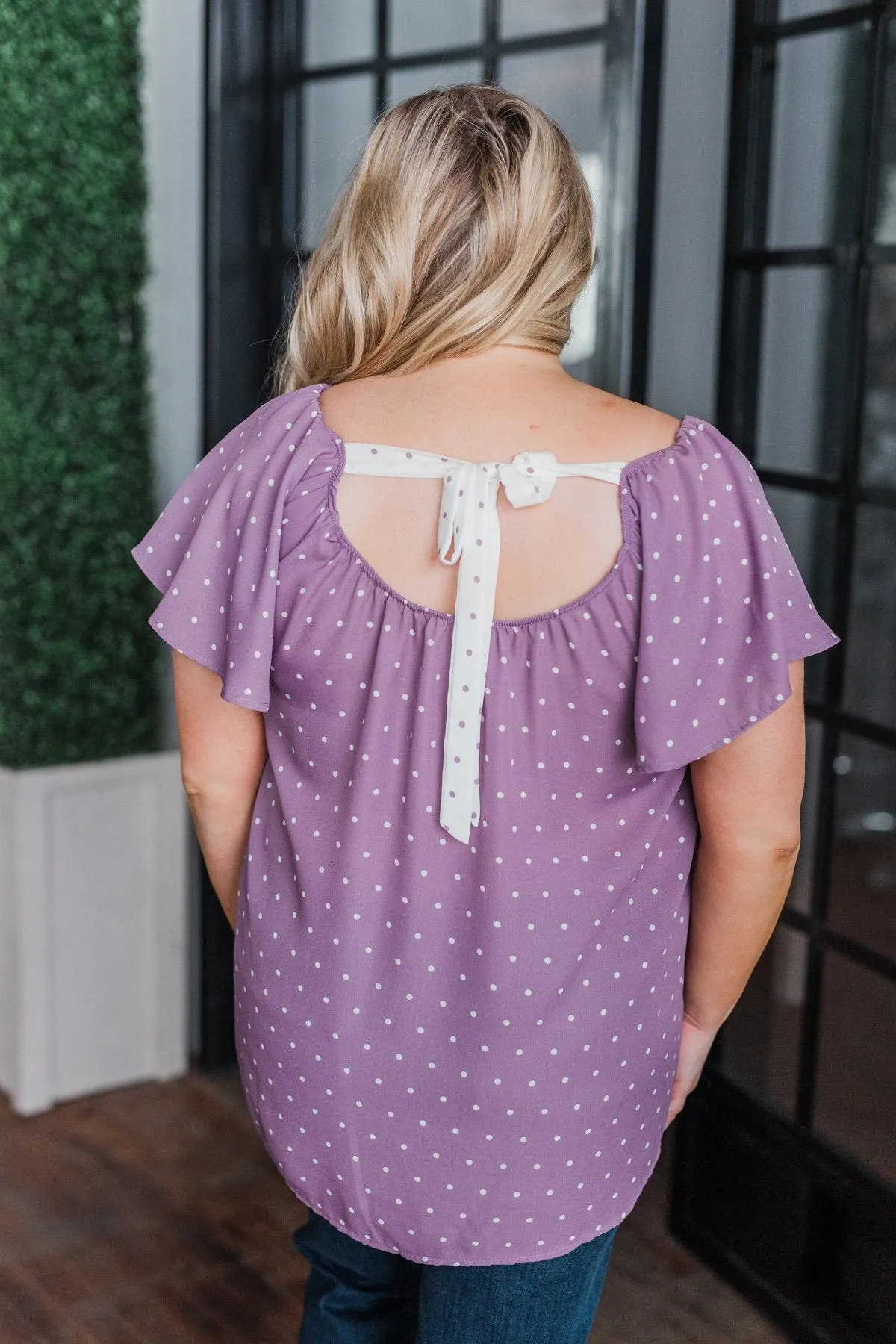In The Spot Light Polka Dot Top- Dusty Purple