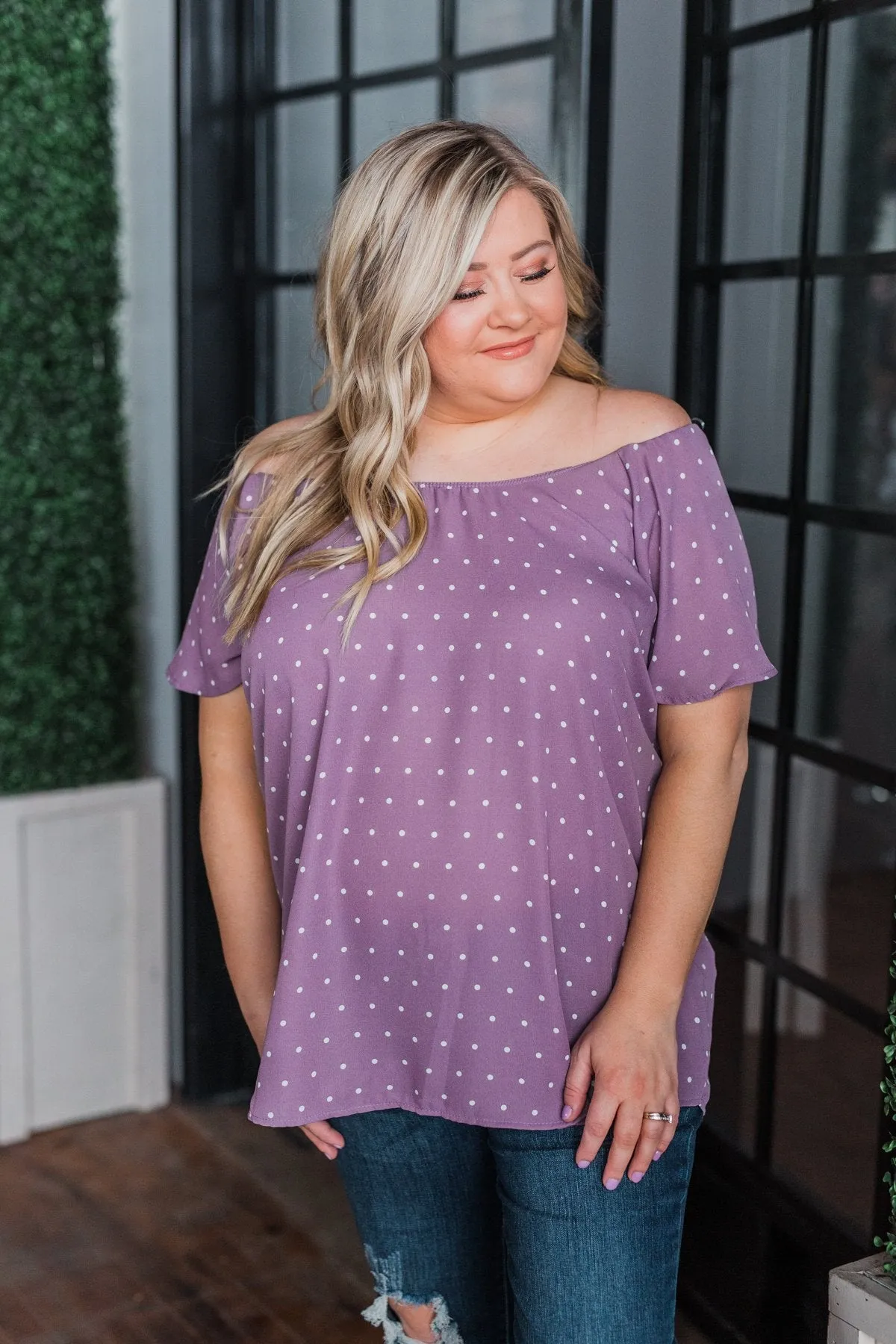 In The Spot Light Polka Dot Top- Dusty Purple