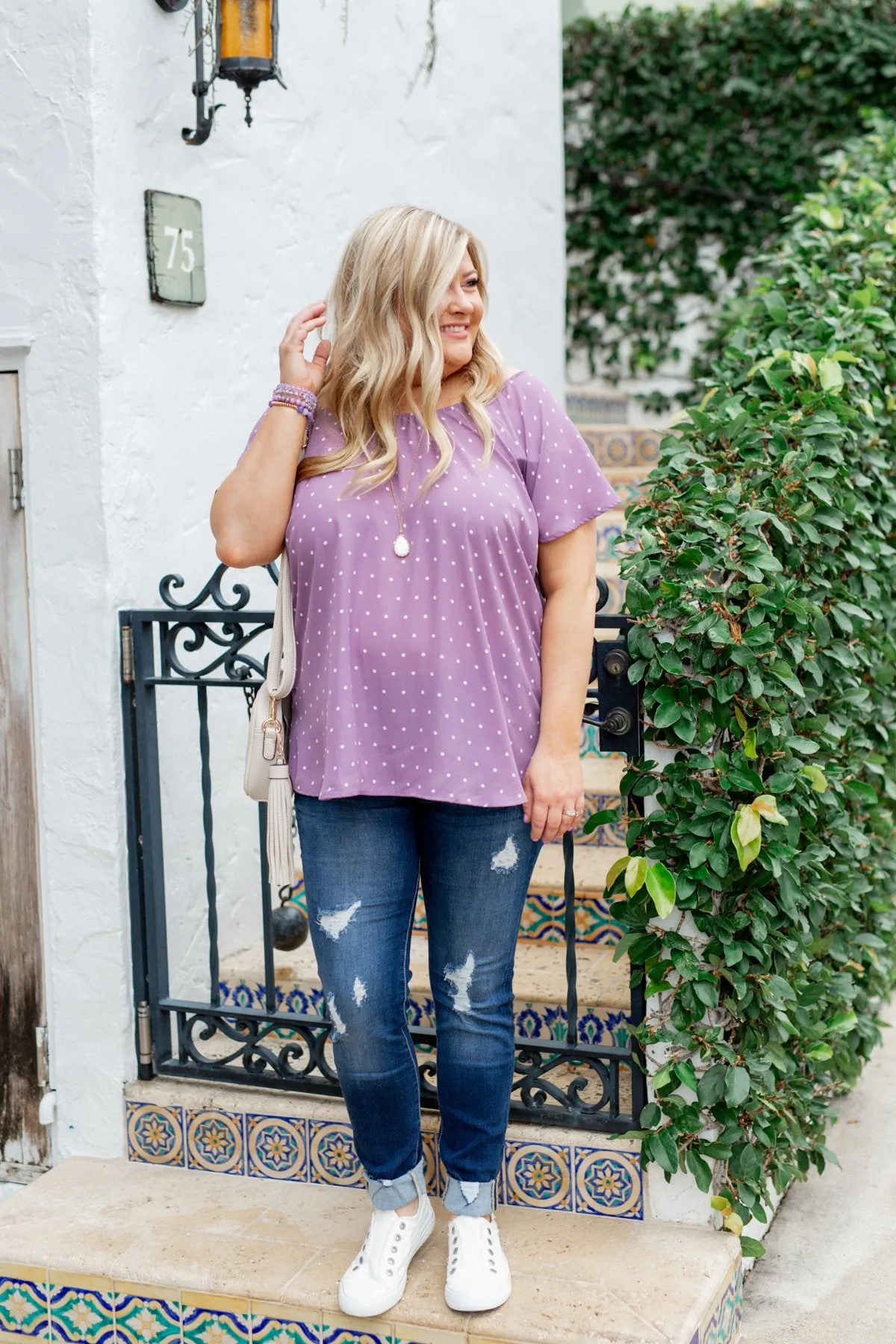 In The Spot Light Polka Dot Top- Dusty Purple