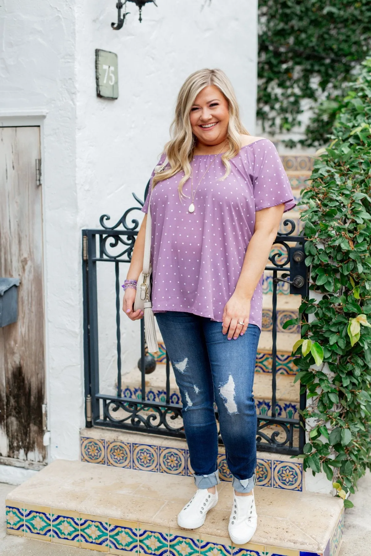 In The Spot Light Polka Dot Top- Dusty Purple