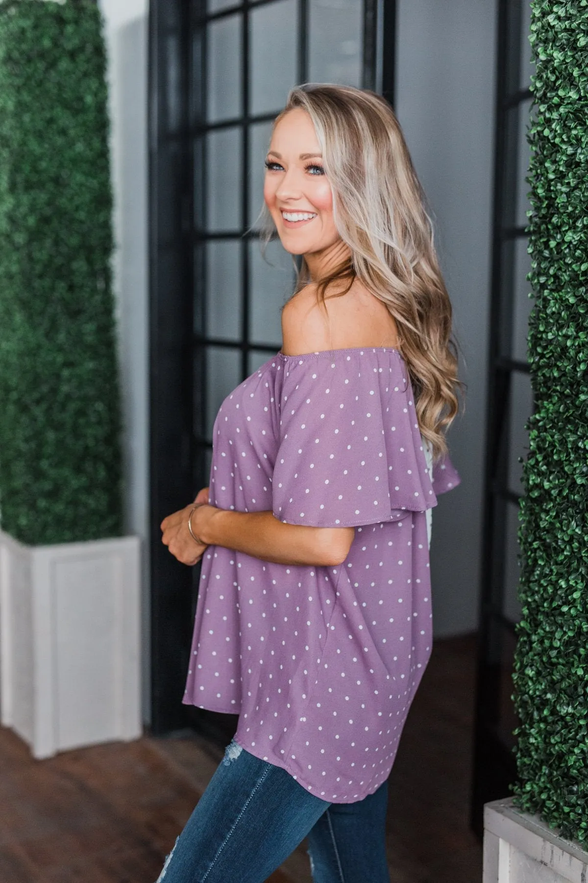 In The Spot Light Polka Dot Top- Dusty Purple