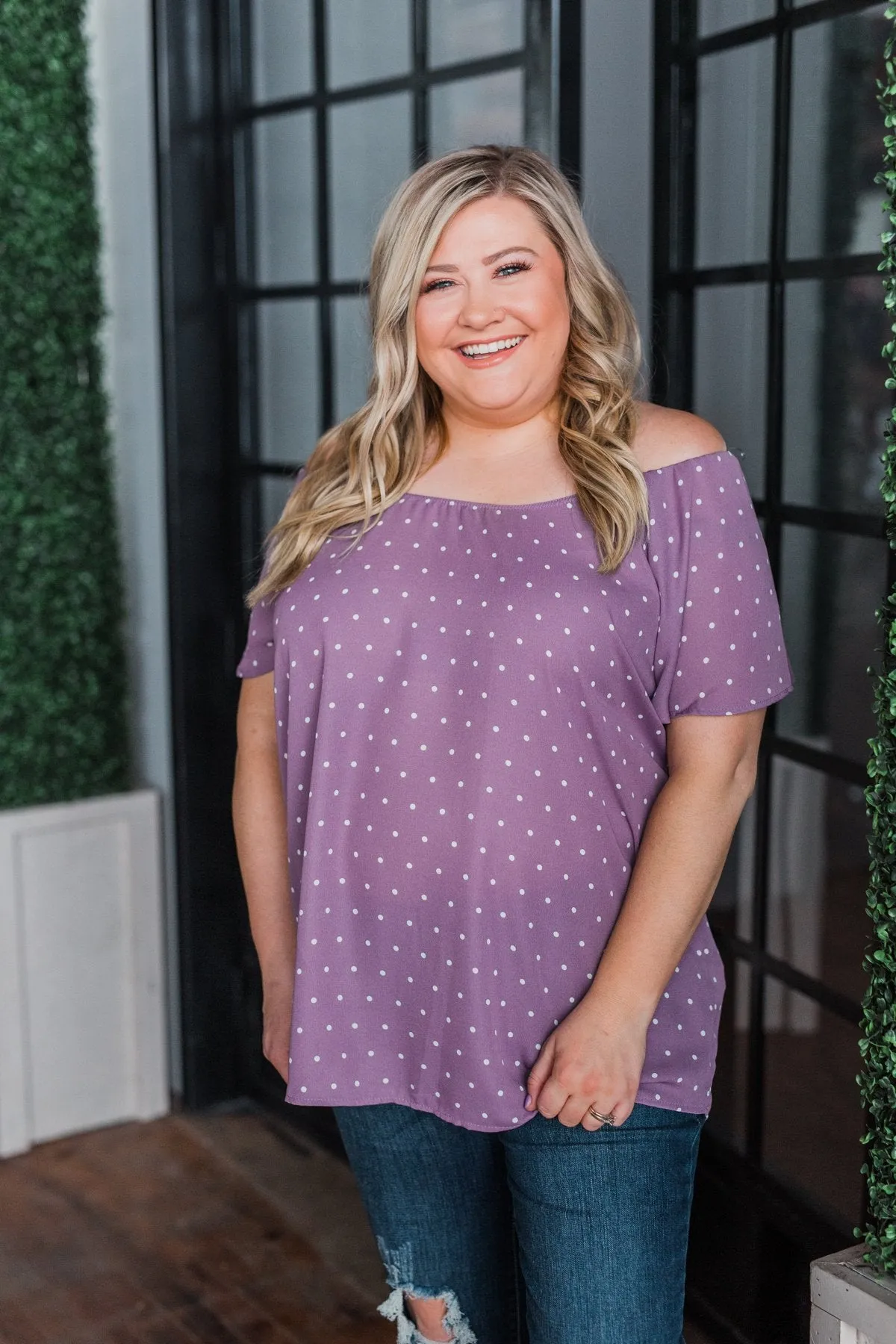 In The Spot Light Polka Dot Top- Dusty Purple