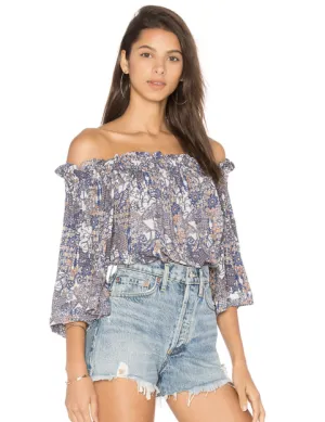 Indah Harper Off The Shoulder Crop Top | Blue Batik