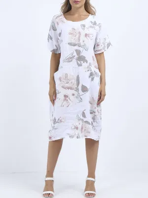 Italian Straight Shift Pastel Floral Cream Linen Dress Sz 12-18