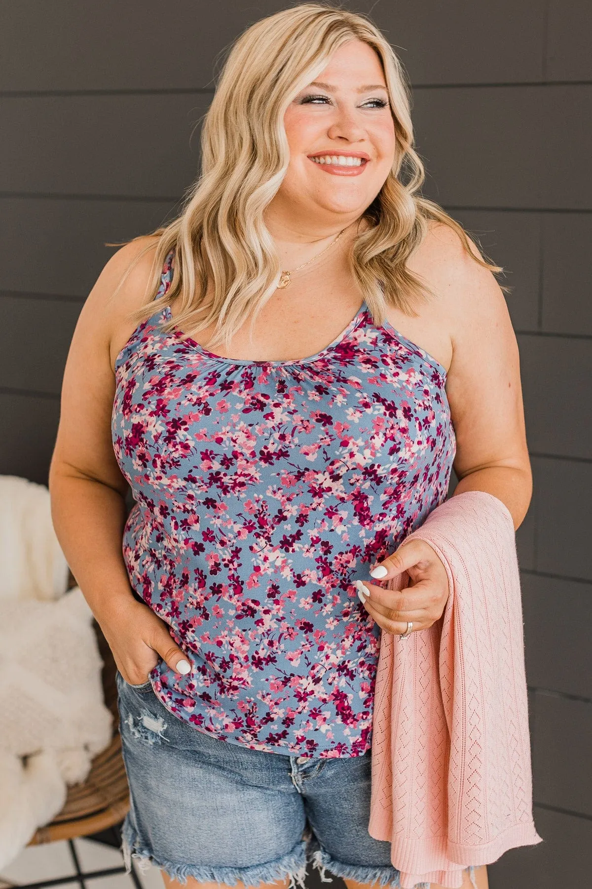 Just A Crush Floral Tank Top- Blue & Blush