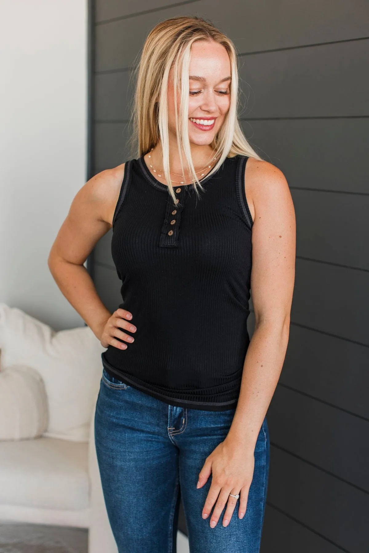 Just Passing By Ribbed Henley Tank Top- Black