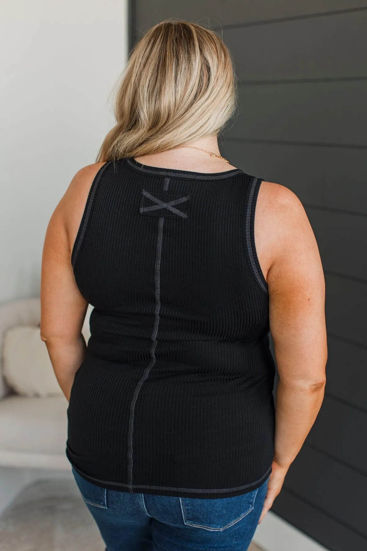 Just Passing By Ribbed Henley Tank Top- Black