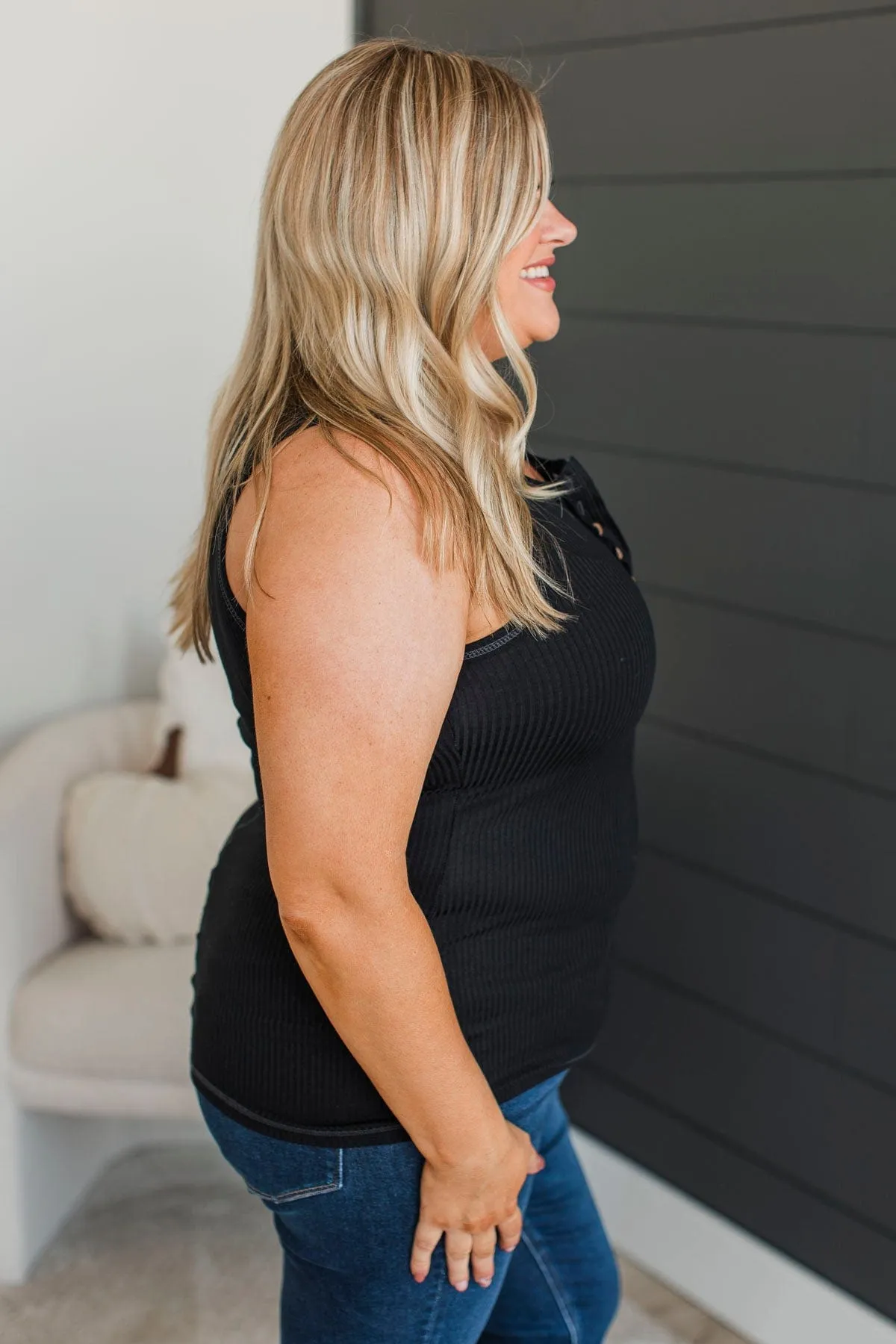 Just Passing By Ribbed Henley Tank Top- Black