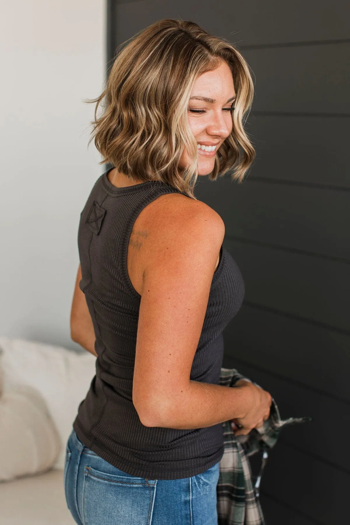 Just Passing By Ribbed Henley Tank Top- Charcoal
