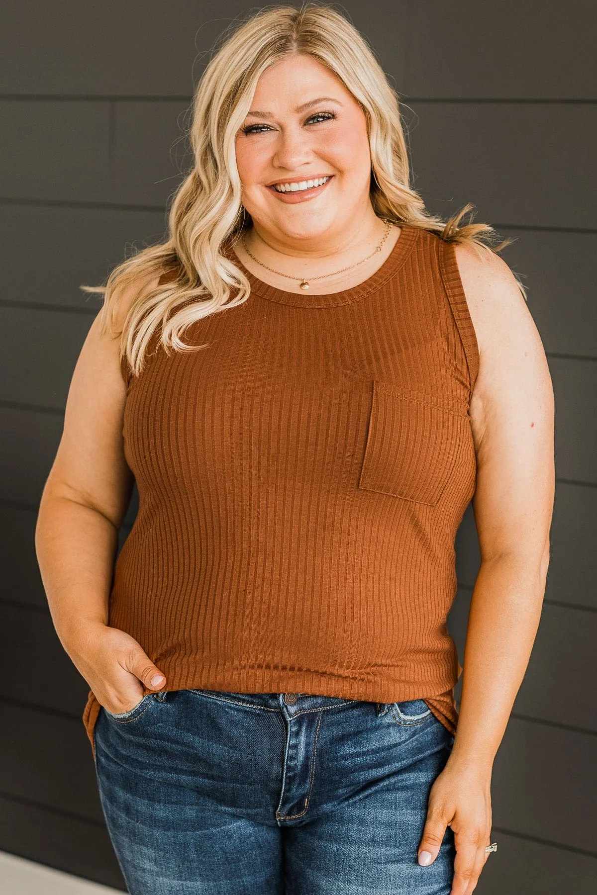 Just Peachy Ribbed Tank Top- Dark Camel
