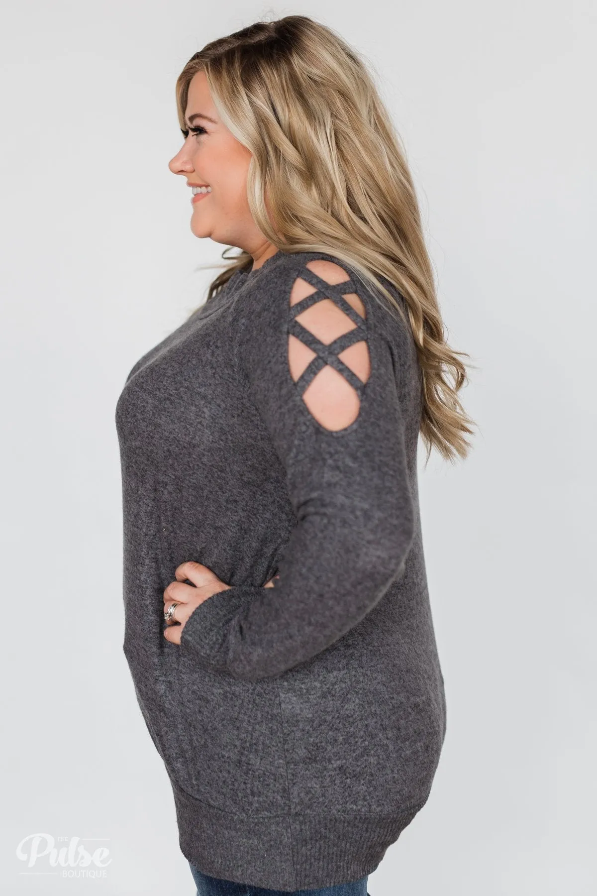 Keep Holding On Sleeve Detail Sweater- Charcoal