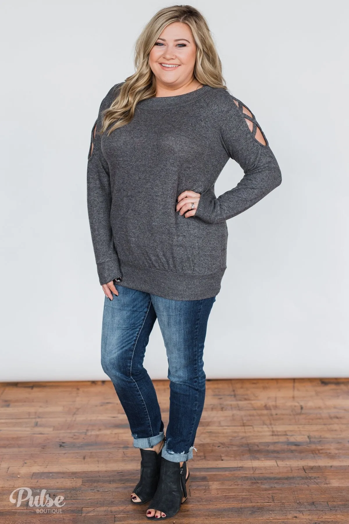 Keep Holding On Sleeve Detail Sweater- Charcoal