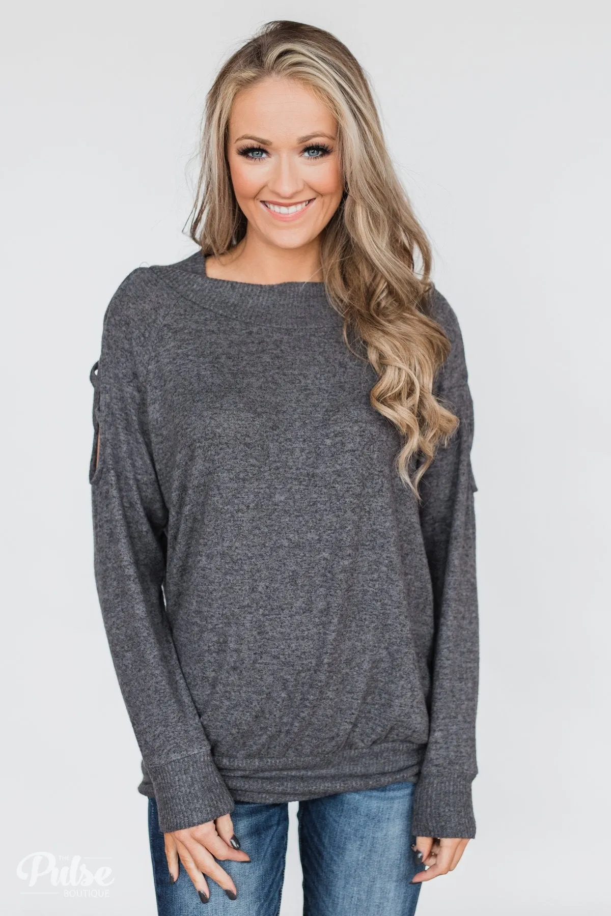 Keep Holding On Sleeve Detail Sweater- Charcoal