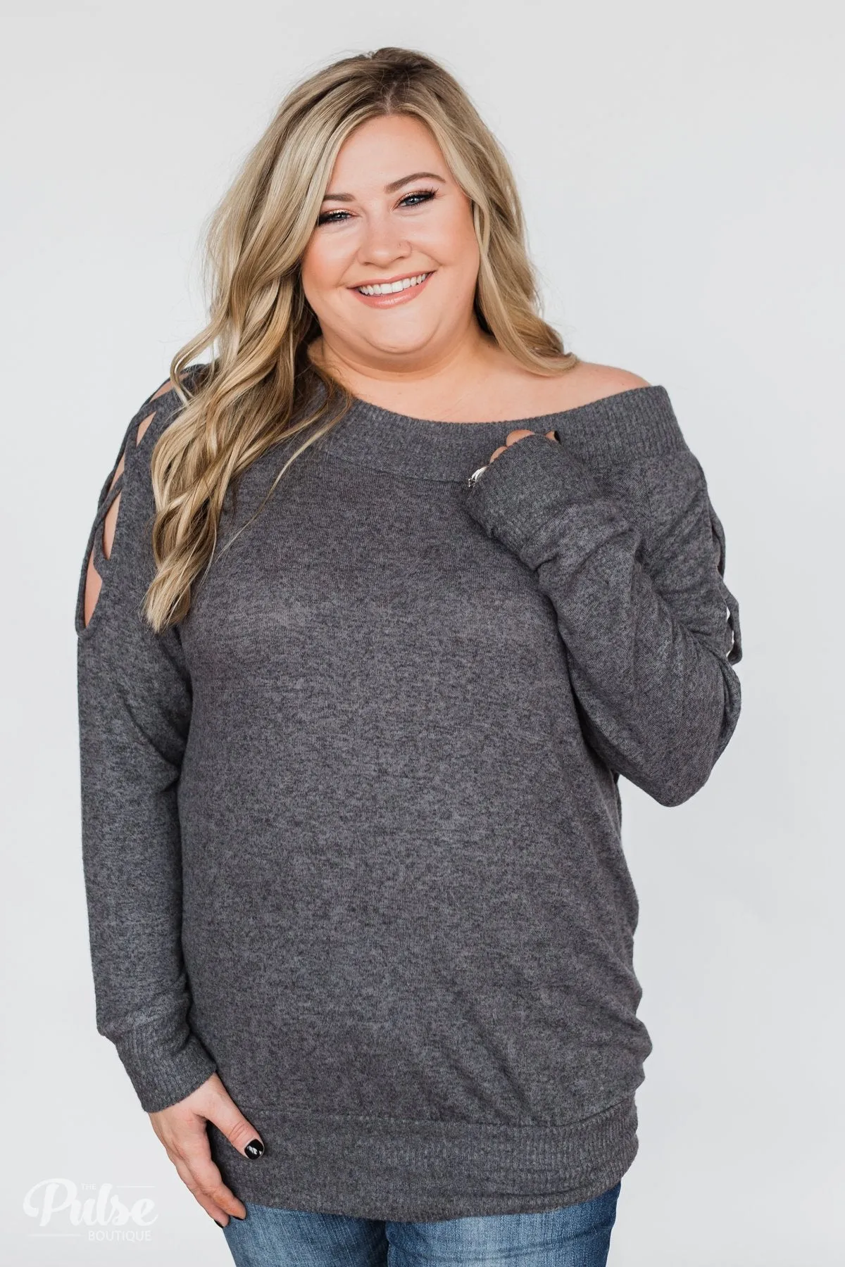 Keep Holding On Sleeve Detail Sweater- Charcoal