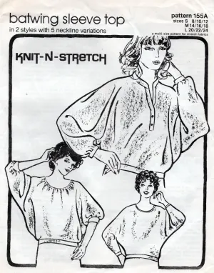 Knit N Stretch 155A Womens Stretch Batwing Sleeved Top 1970s Vintage Sewing Pattern Sizes 8 - 24 UNCUT Factory Folded