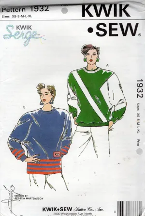 Kwik Sew 1932 Womens Pullover Stretch Colour Block Batwing Sleeved Sweaters 1980s Vintage Sewing Pattern Size XS - XL UNCUT Factory Folded