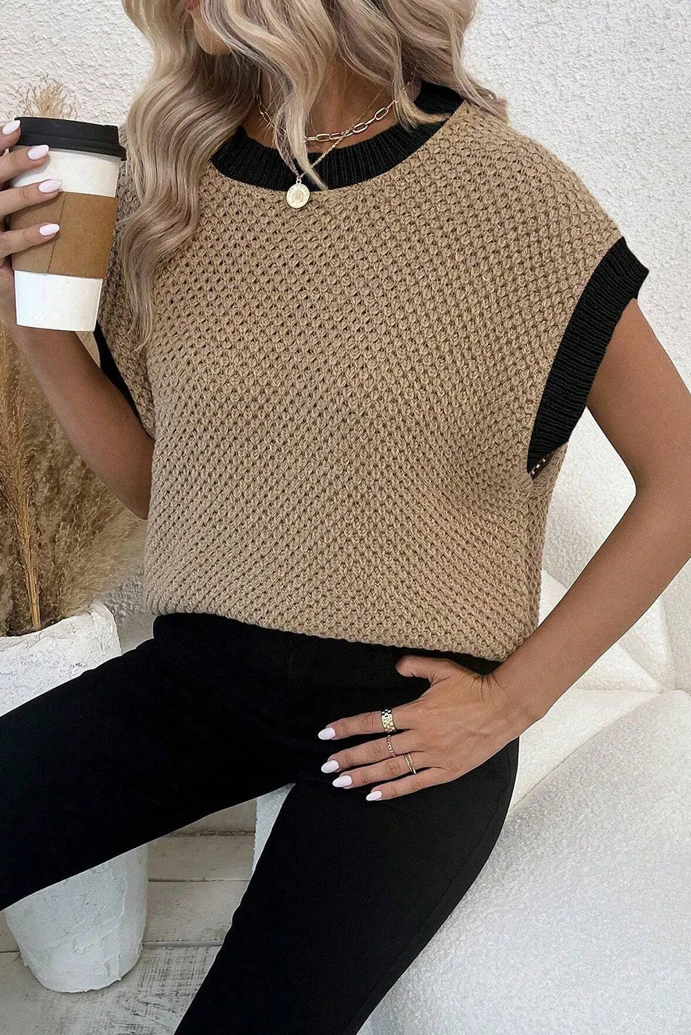 Light French Beige Contrast Trim Round Neck Batwing Sleeve Sweater Top