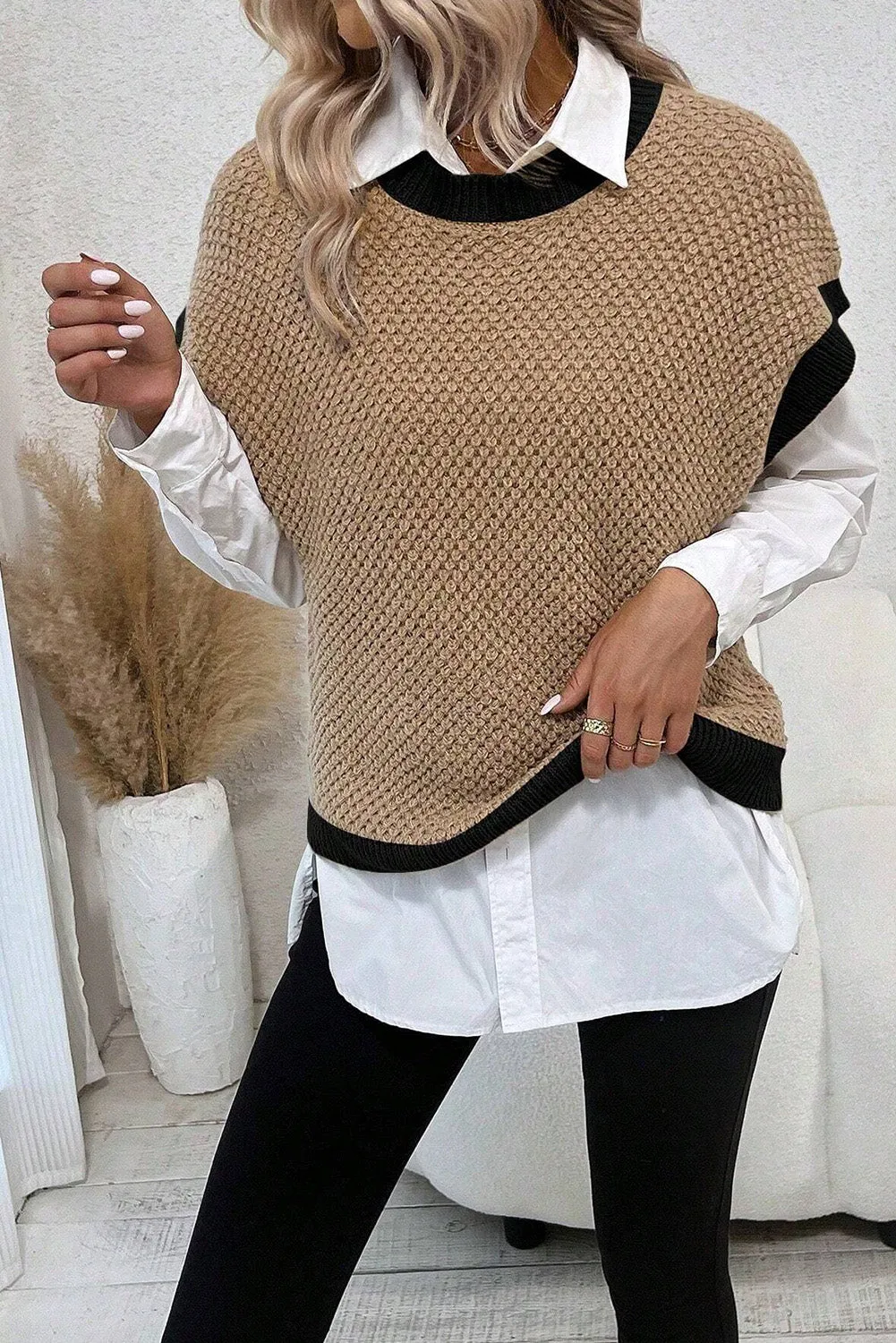 Light French Beige Contrast Trim Round Neck Batwing Sleeve Sweater Top