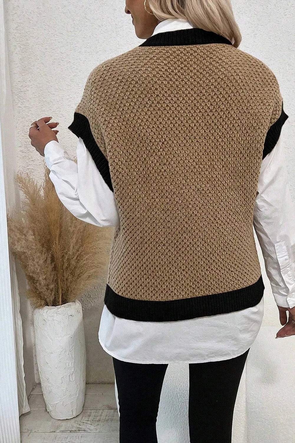 Light French Beige Contrast Trim Round Neck Batwing Sleeve Sweater Top