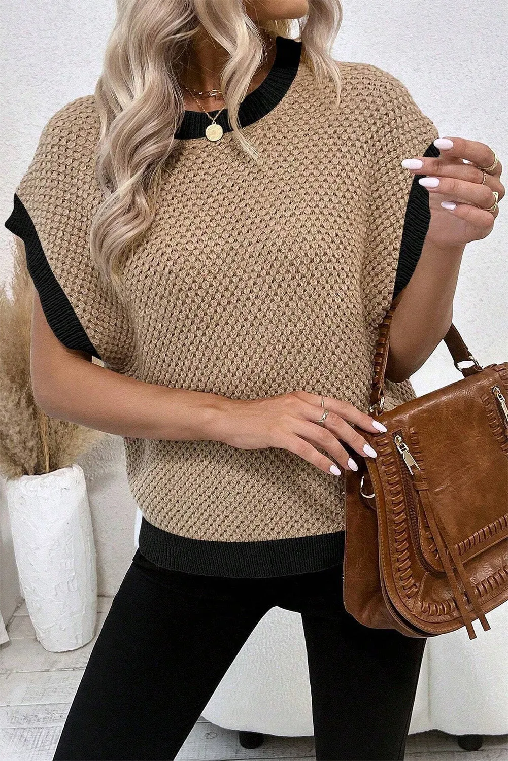 Light French Beige Contrast Trim Round Neck Batwing Sleeve Sweater Top