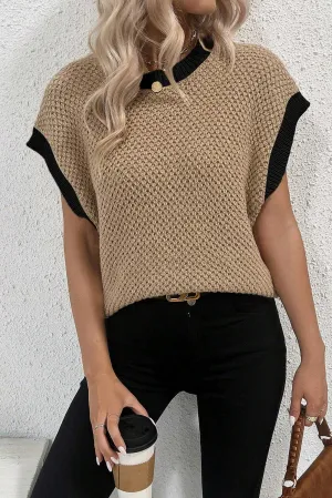 Light French Beige Contrast Trim Round Neck Batwing Sleeve Sweater Top